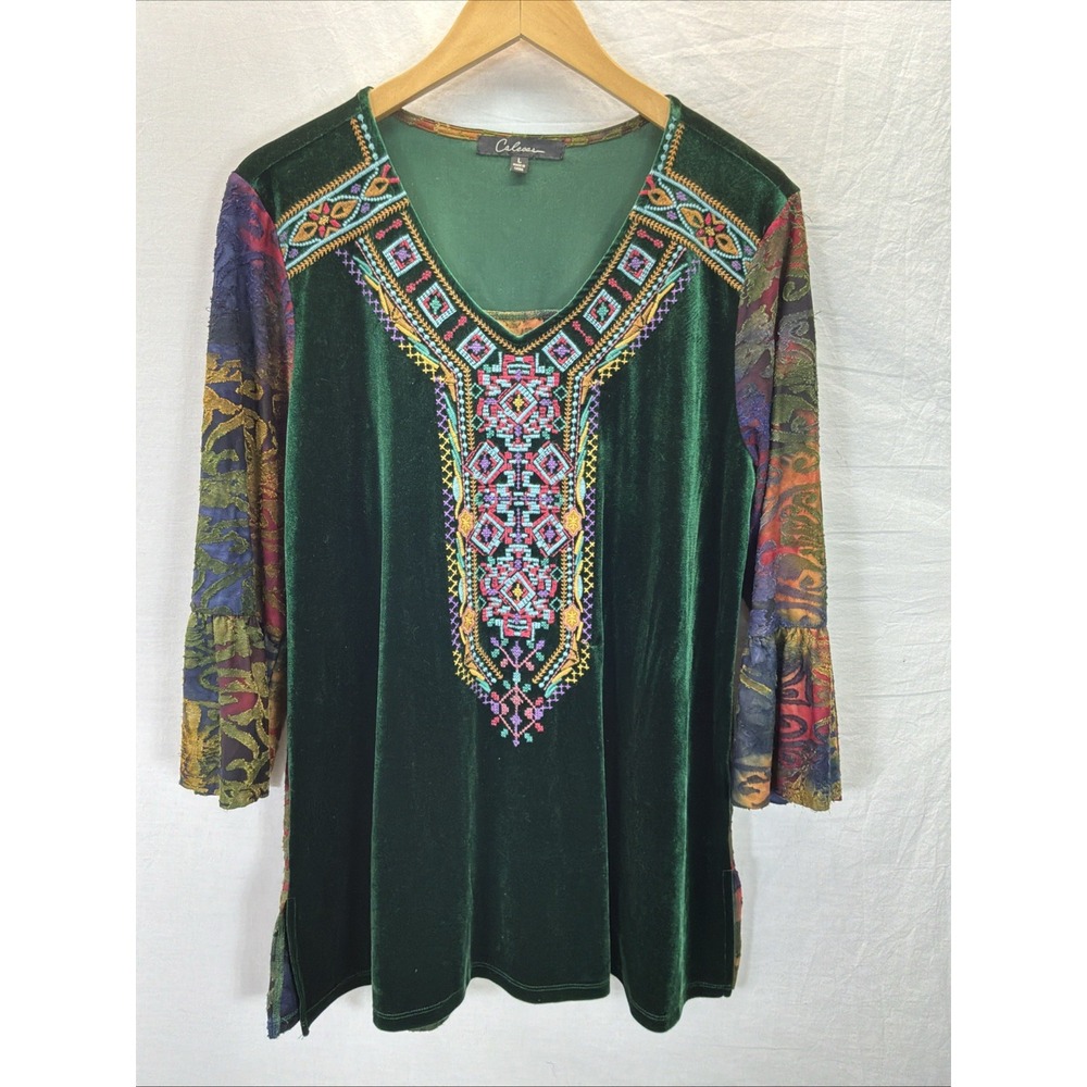 Calessa Velvet Tunic Top L Green Embroidered Leopard Burnout Bell Sleeve Artsy